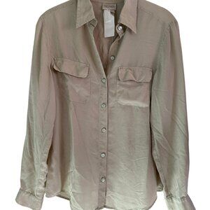 Mondi 100% Silk Button Down Blouse Taupe Beige Long Sleeve Size 36